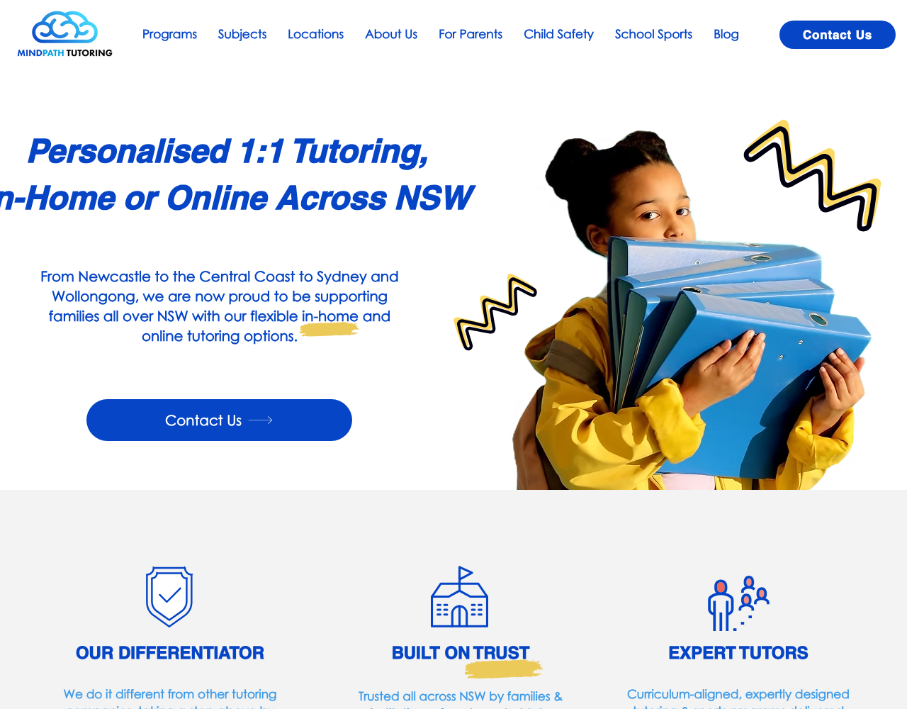 The MindPath Tutoring website showing its in-home and online one-to-one tutoring across the Newcastle region