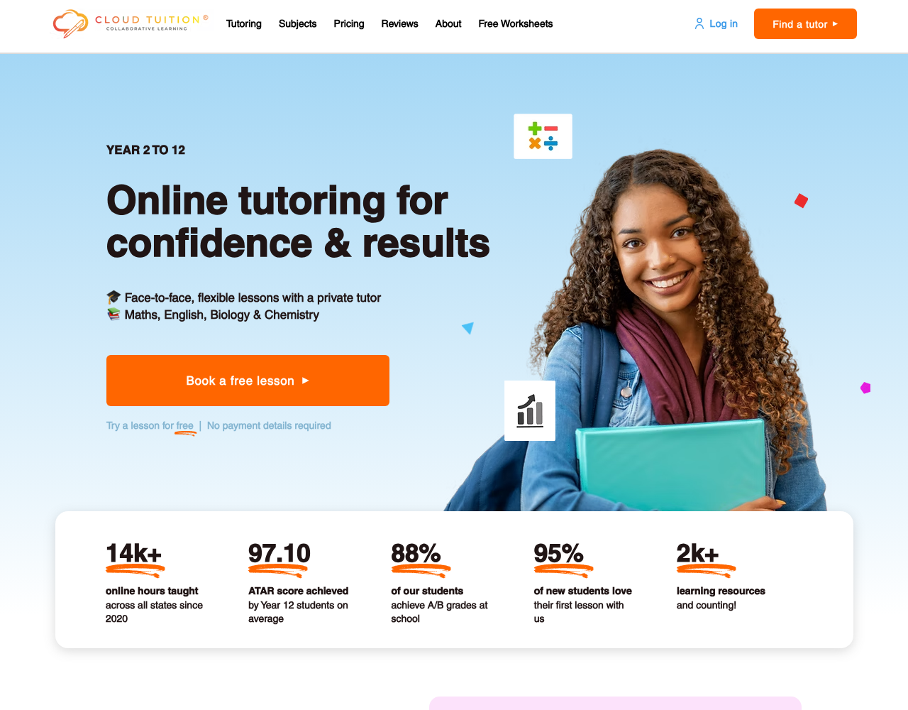 Cloud Tuition website showing 1-on-1 online tutoring for Years 2 to 12 with a free first session and QCE-mapped lessons