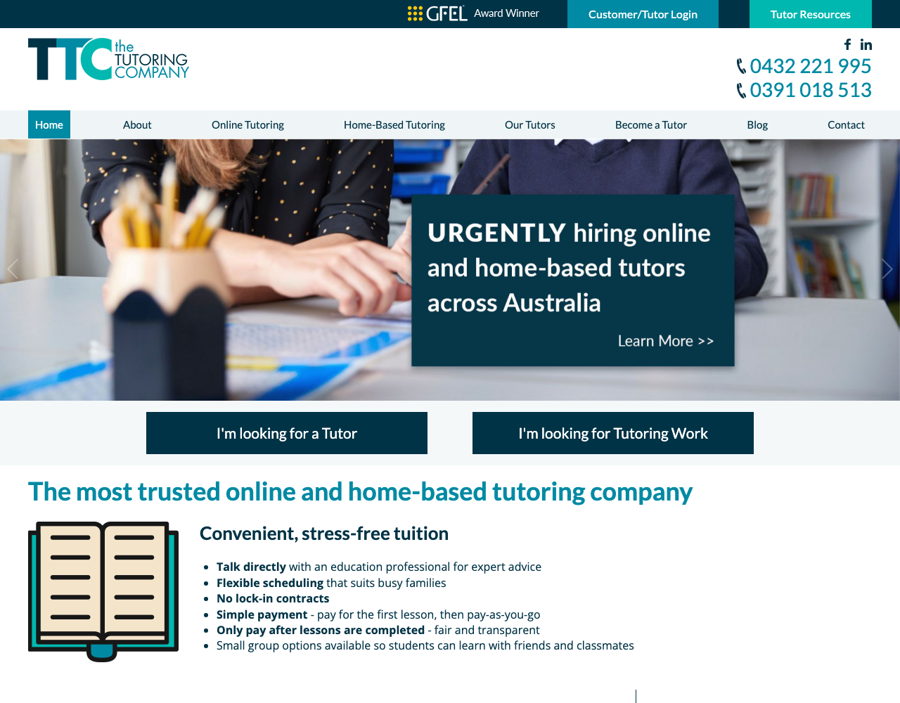 The Tutoring Company website showing online and in-home one-to-one English tutoring across Australia