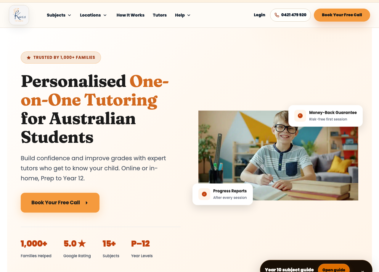 KeirEd Tutoring website showing in-home and online tutoring for Prep to Year 12 students across Brisbane and regional Queensland