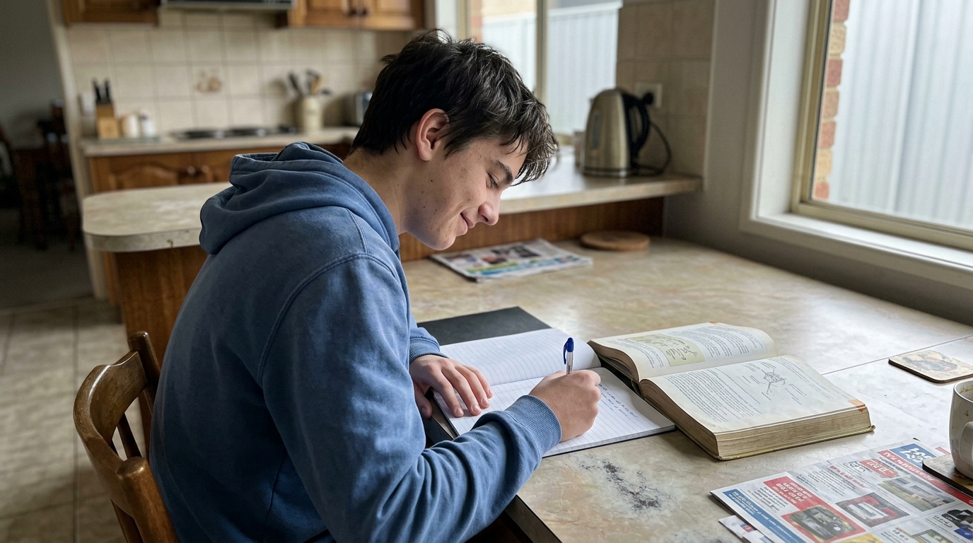 A high-school student working through a problem in an exercise book at a Perth kitchen table, a small private smile of getting it right