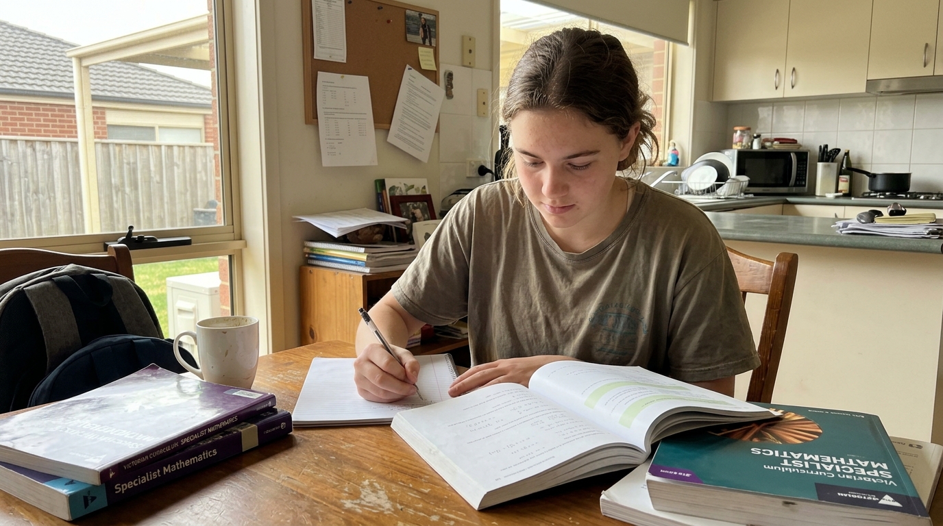 A Year 12 student in a Melbourne home working through Specialist Mathematics problems at a desk with a textbook and notebook
