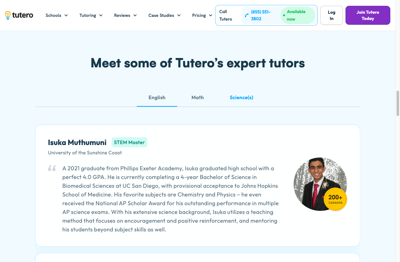 Screenshot of a Tutero teacher profile showing the teacher's photo, academic credentials, and a badge for more than 200 lessons delivered