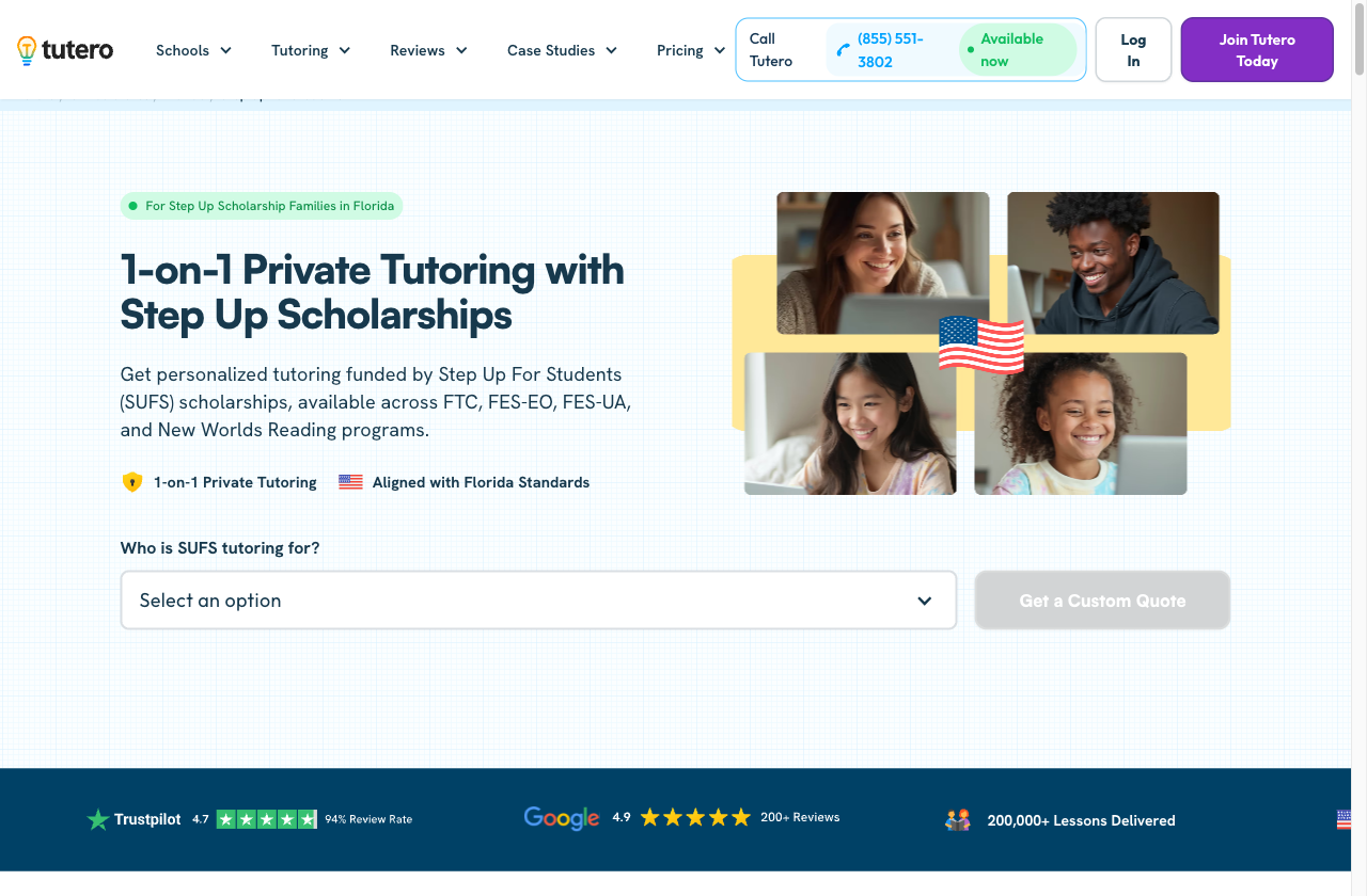 Screenshot of Tutero's Step Up for Students tutoring page showing 1-on-1 private tutoring with Step Up scholarships, Trustpilot and Google review scores, and 200,000+ lessons delivered