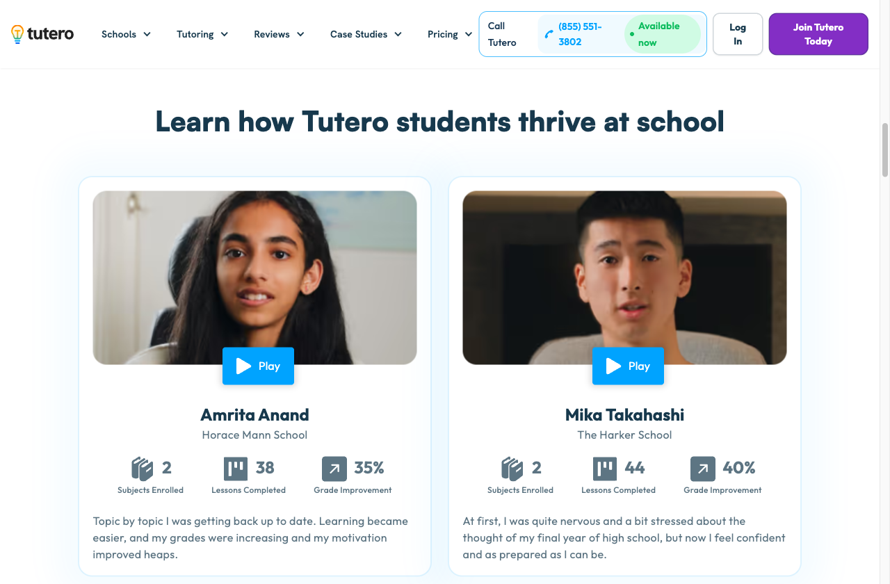 Screenshot of Tutero student success stories showing two students with their schools, lessons completed, and grade improvements of 35 and 40 percent