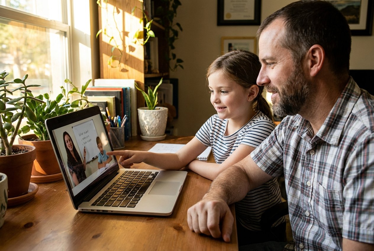 A Florida father and daughter starting an online tutoring lesson booked through the EMA