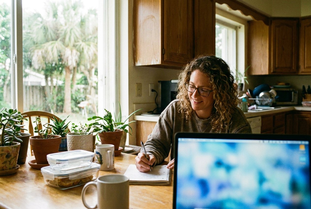 A Florida mother researching Step Up approved tutoring providers at her kitchen table