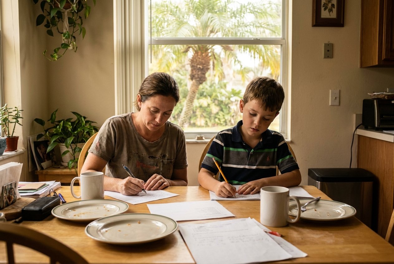 A Florida mother completing Step Up application paperwork while her son works beside her