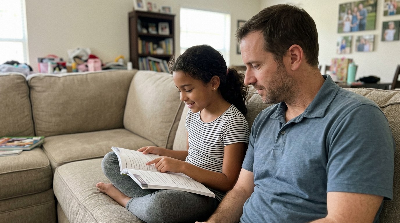 A Florida father listening to his daughter read aloud from a workbook on the couch