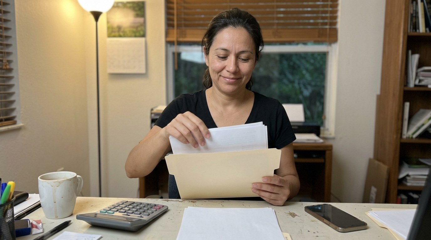 A Florida mother organizing income documents into a folder before a Step Up application