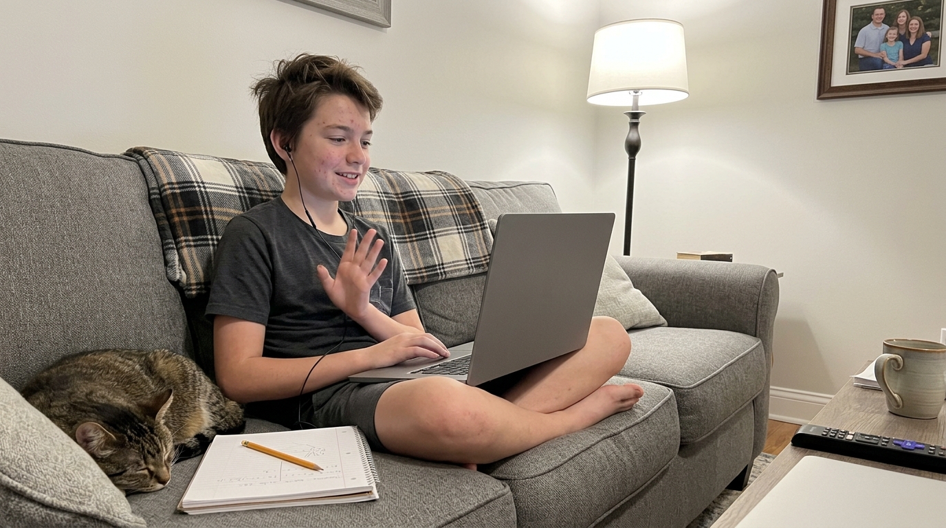 A middle school student sitting cross-legged on a couch during a live online math lesson on a laptop, with a cat asleep beside them