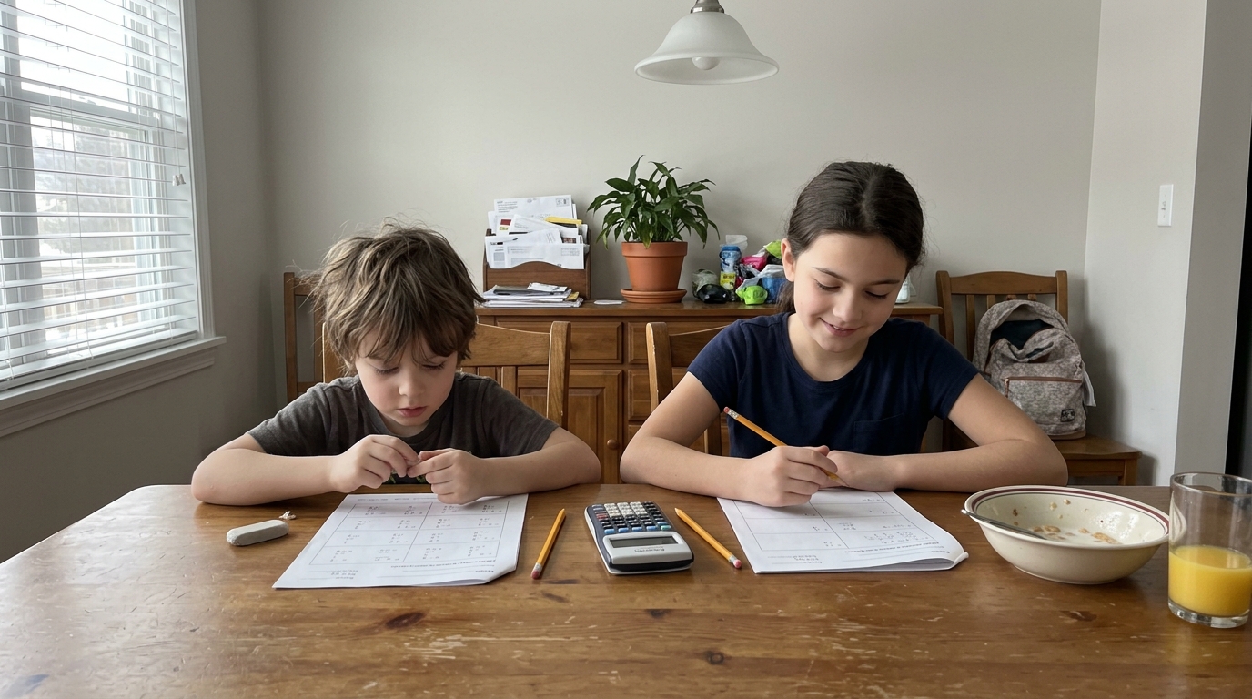 Two siblings working on separate printed math worksheets at a dining table on a Saturday morning, with a shared calculator