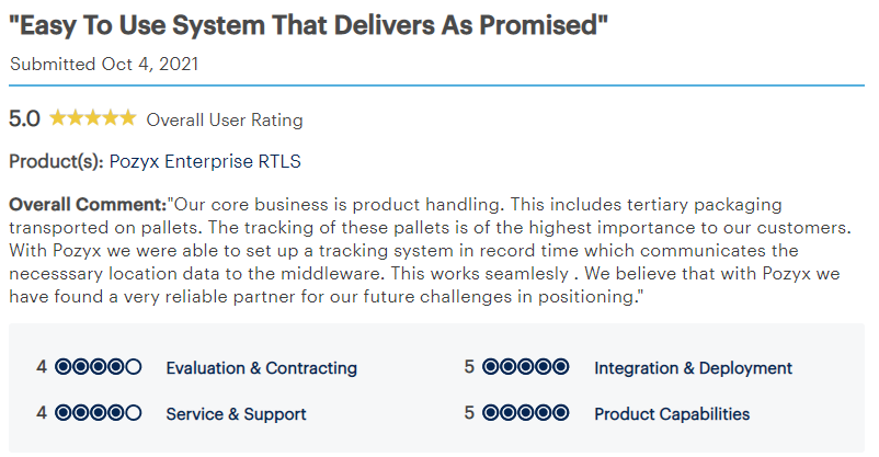 Positieve beoordeling van het Pozyx-systeem op Gartner Peer Reviews