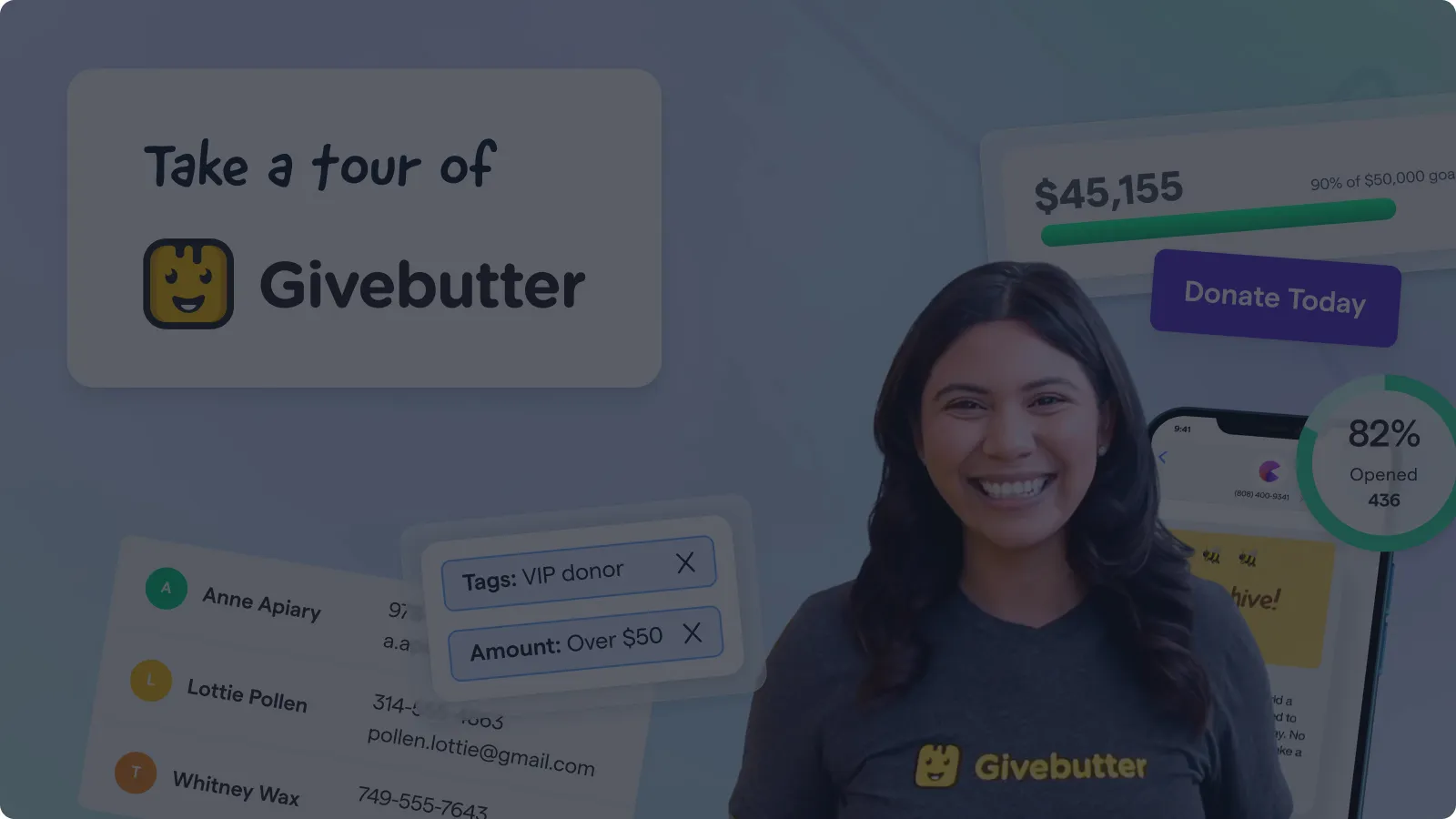 Smiling woman wearing a Givebutter t-shirt standing in front of a promotional graphic that says 'Take a tour of Givebutter,' with screenshots of donation tracking and fundraising features in the background.