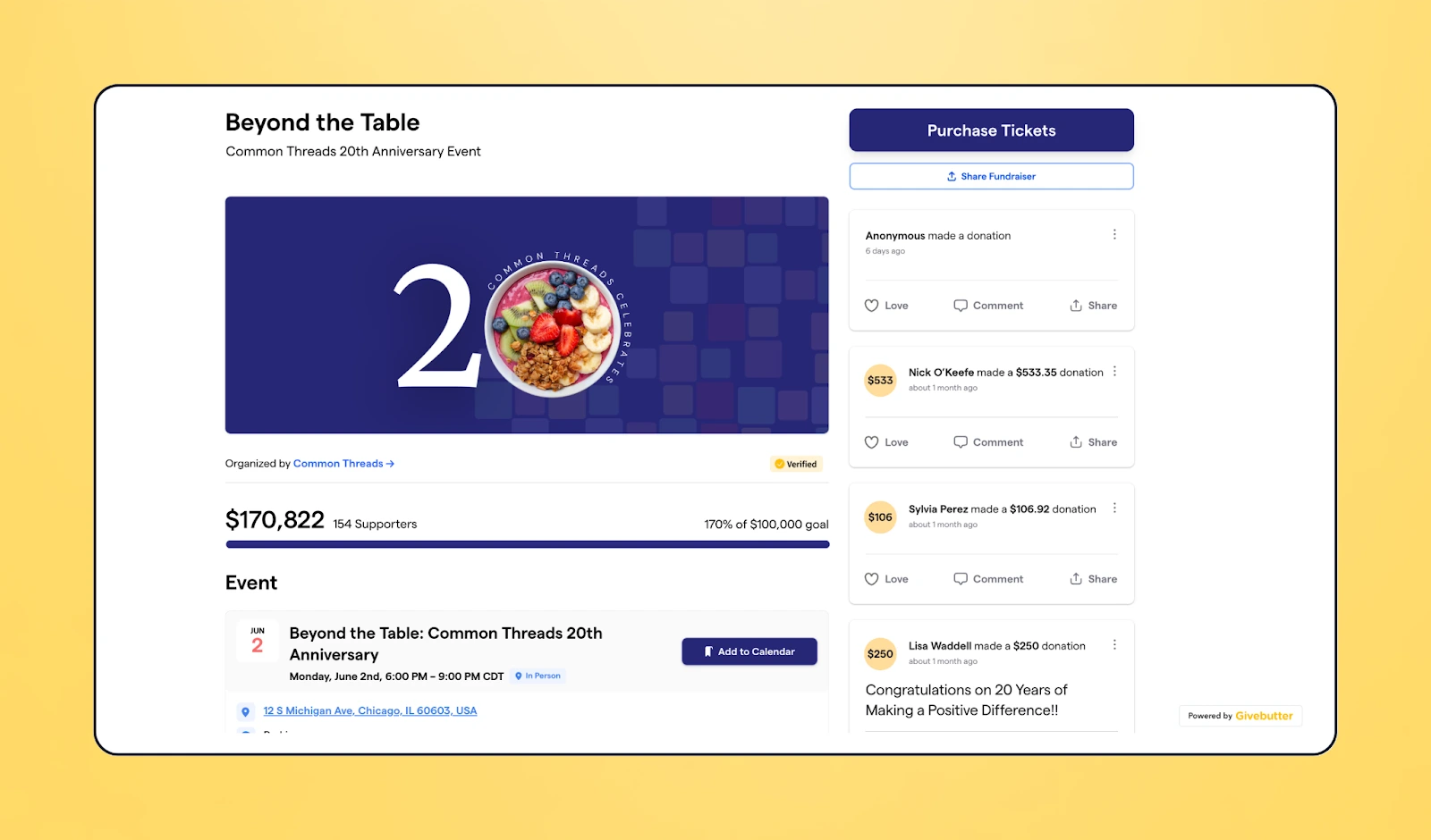 Screenshot of Givebutter fundraising page