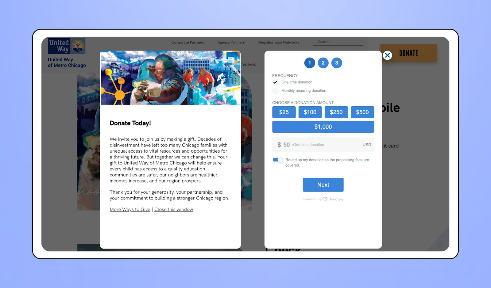 Screenshot of Donately fundraising page