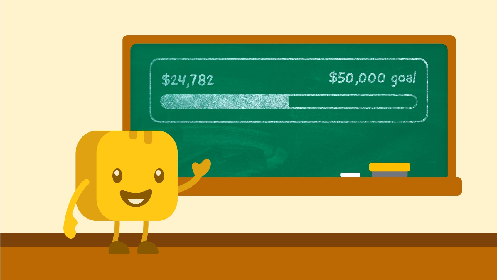Mr. Butter pointing at a school chalkboard