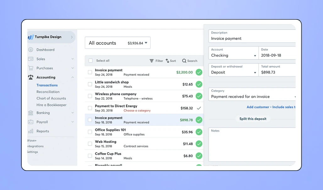Screenshot of Wave Accounting platform's interface