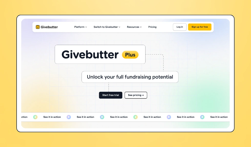 Screenshot of Givebutter Plus landing page