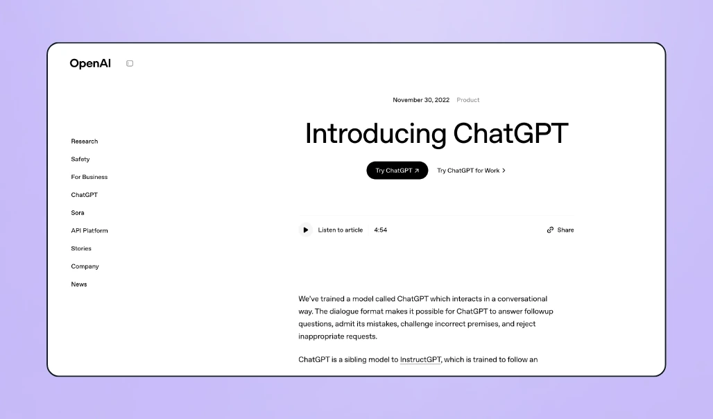 Screenshot of OpenAI landing page