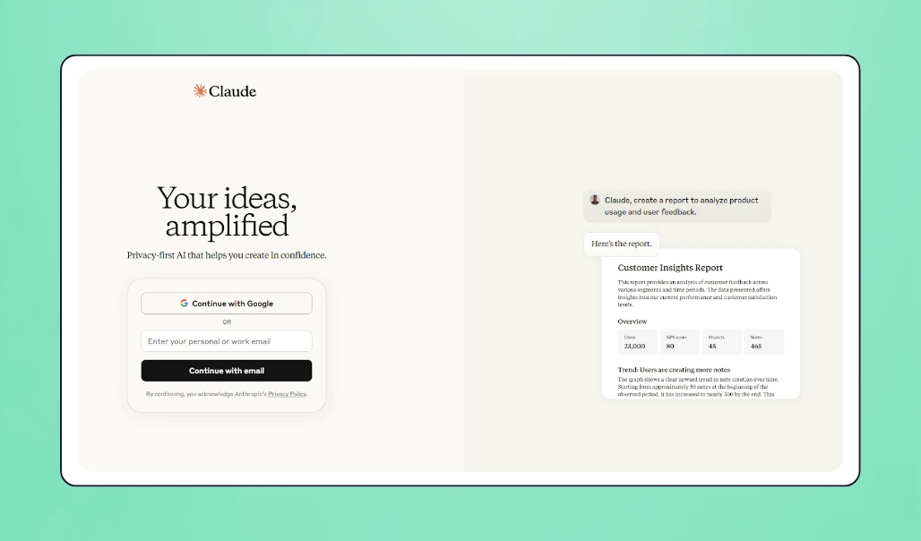 Screenshot of Claude landing page