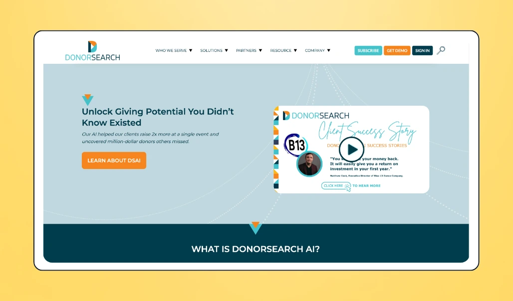 Screenshot of DonorSearch AI landing page