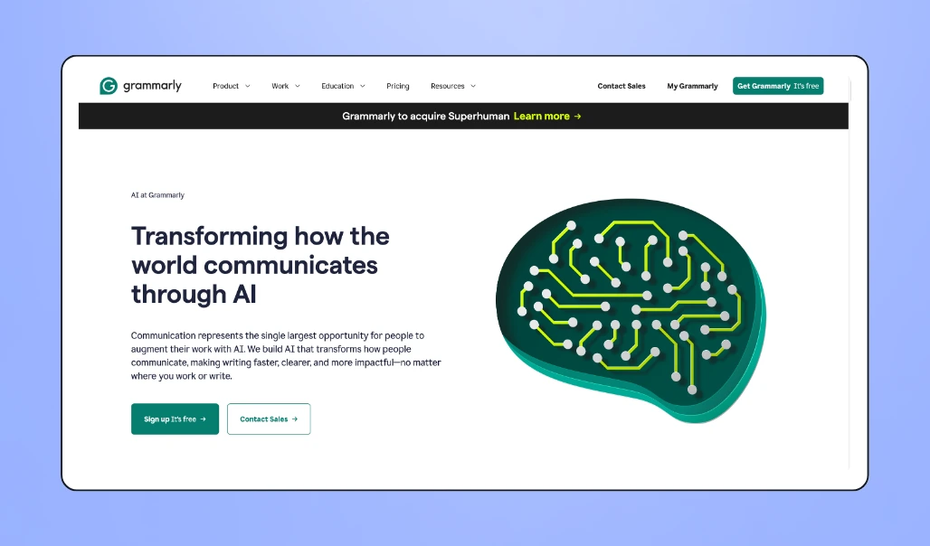 Screenshot of Grammarly AI landing page
