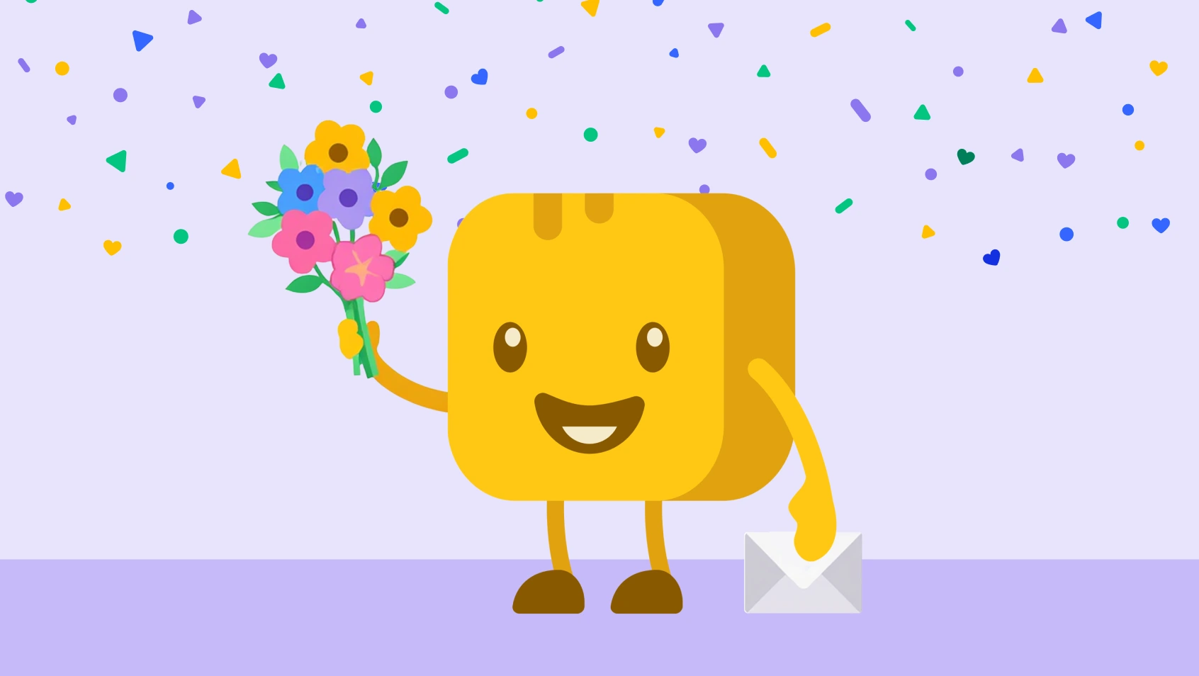 Image of butter character holding flowers and a letter