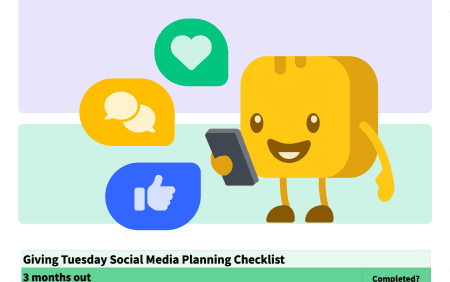 Butter character holding phone next to social media icons