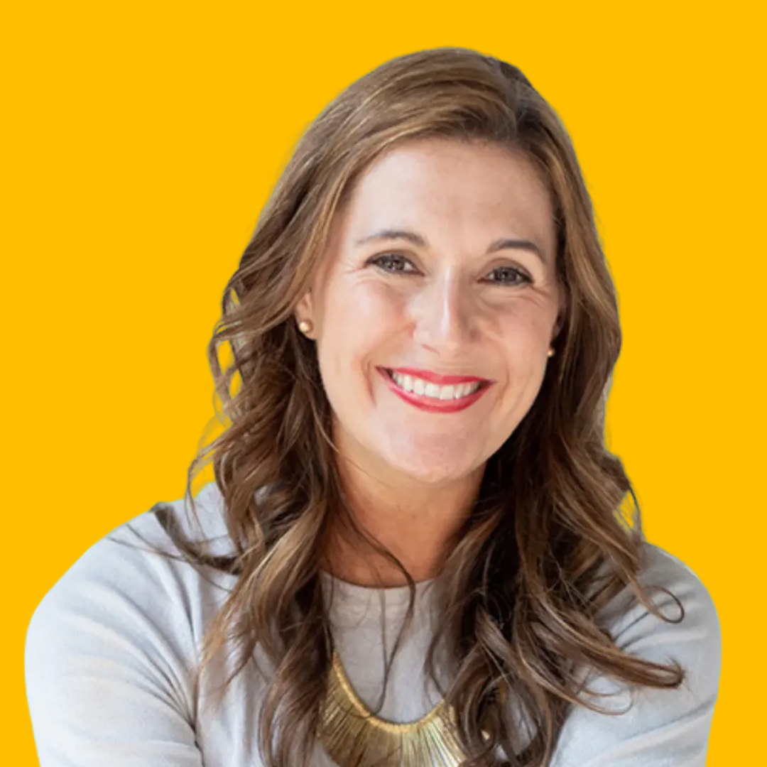 Becky's headshot against yellow background