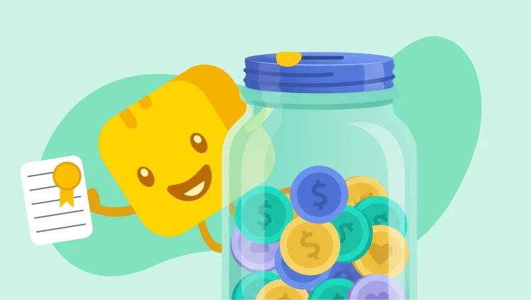 Butter character holding list and standing by a jar of coins