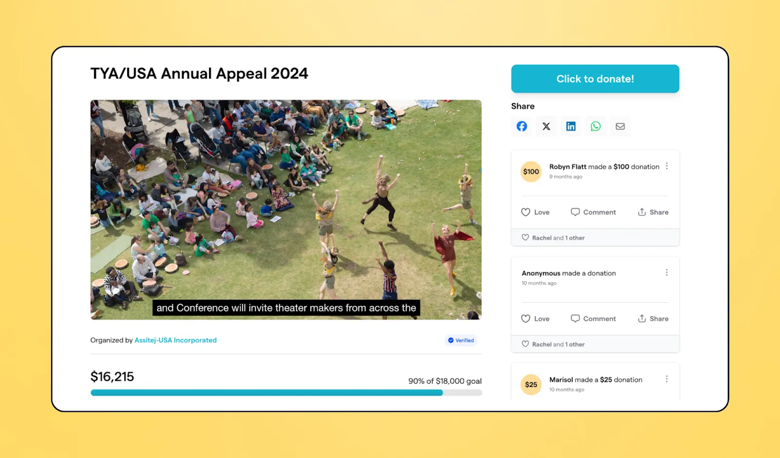 screenshot of Theatre for Young Audiences fundraising page