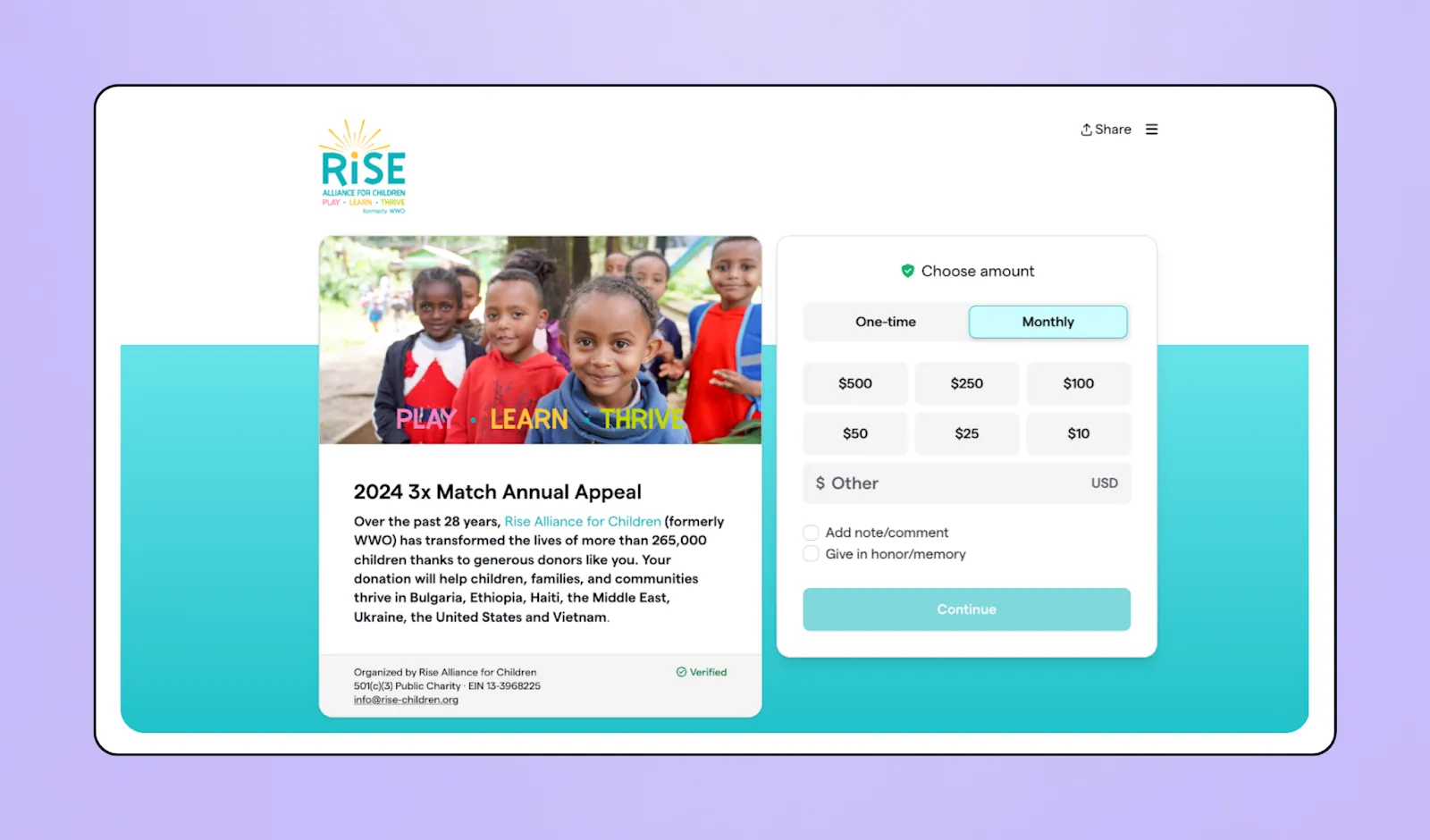 Screenshot of Rise Alliance for Children fundraising page