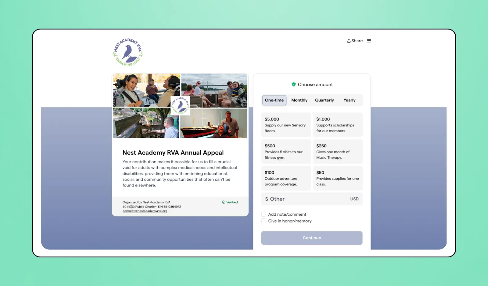 Screenshot of Nest Academy fundraising page