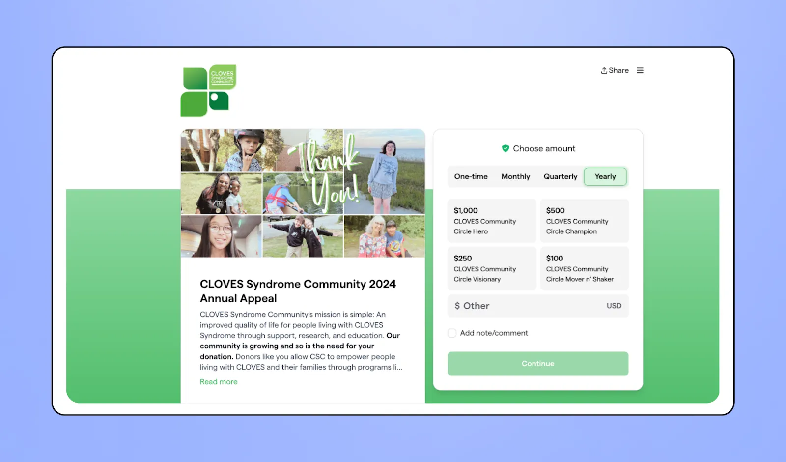 Screenshot of CLOVES Syndrome Community fundraising page