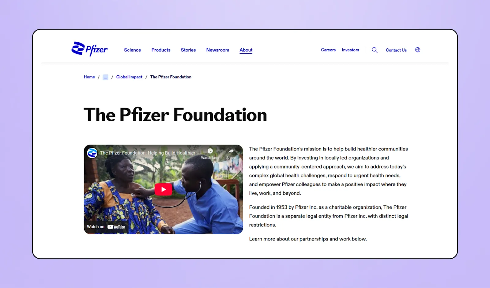 Pfizer's corporate social responsibility landing page