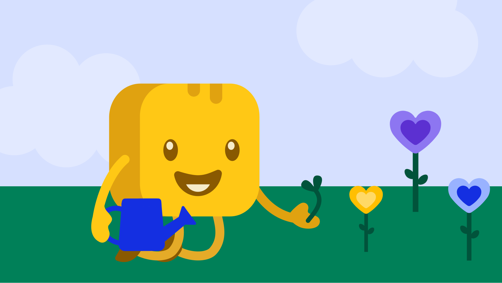 Mr Butter watering a garden filled with heart shaped flowers