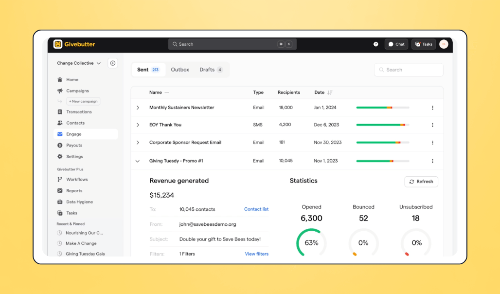 Screenshot of Givebutter's dashboard