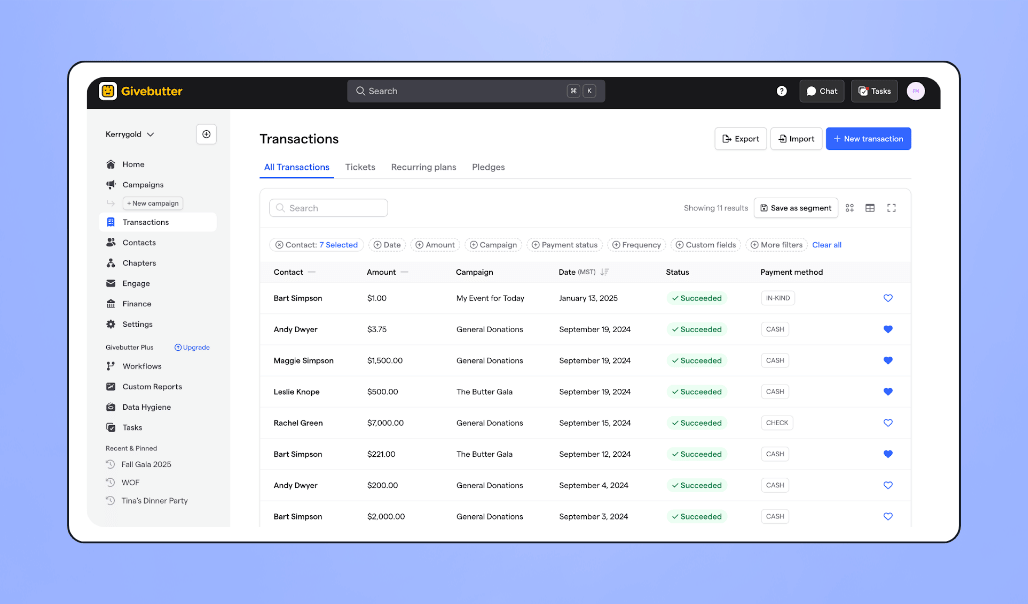 Screenshot of Givebutter's CRM software
