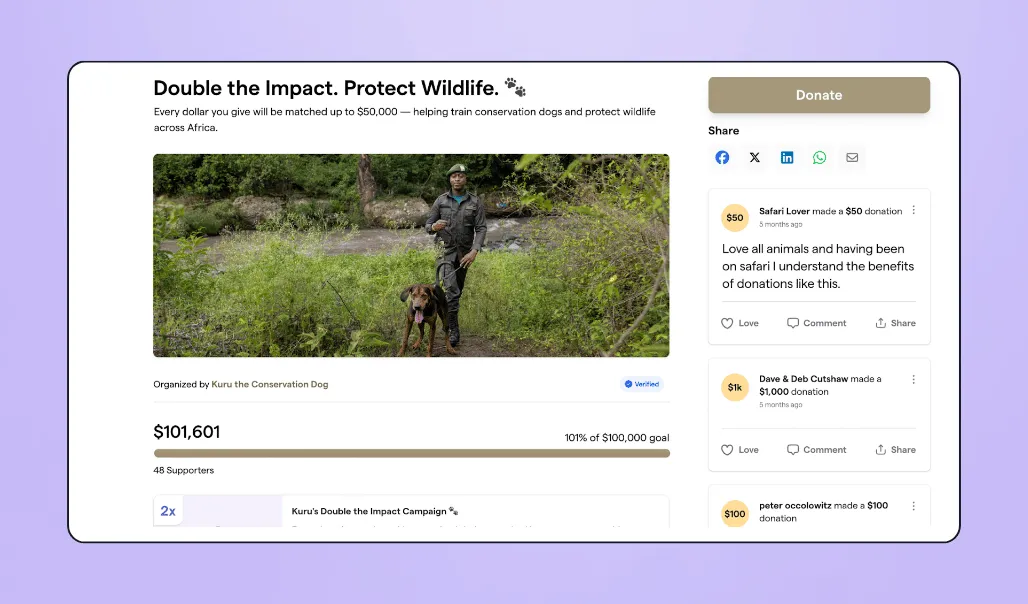 Screenshot of Givebutter's matching donations feature