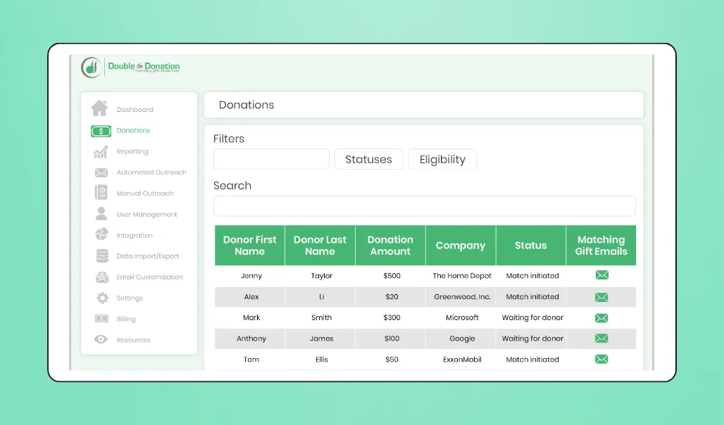 Screenshot of Double the Donation software