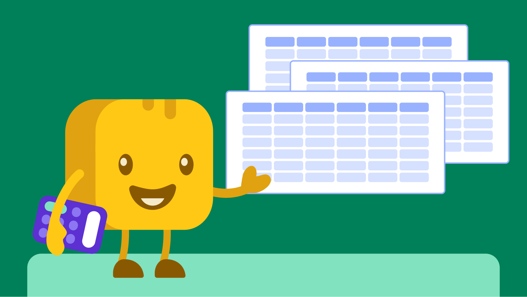 Butter character surrounded by charts, tables, and financial icons