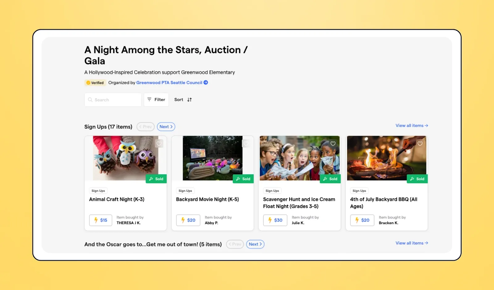 Screenshot of Greenwood PTA Seattle Council Givebutter's auction page