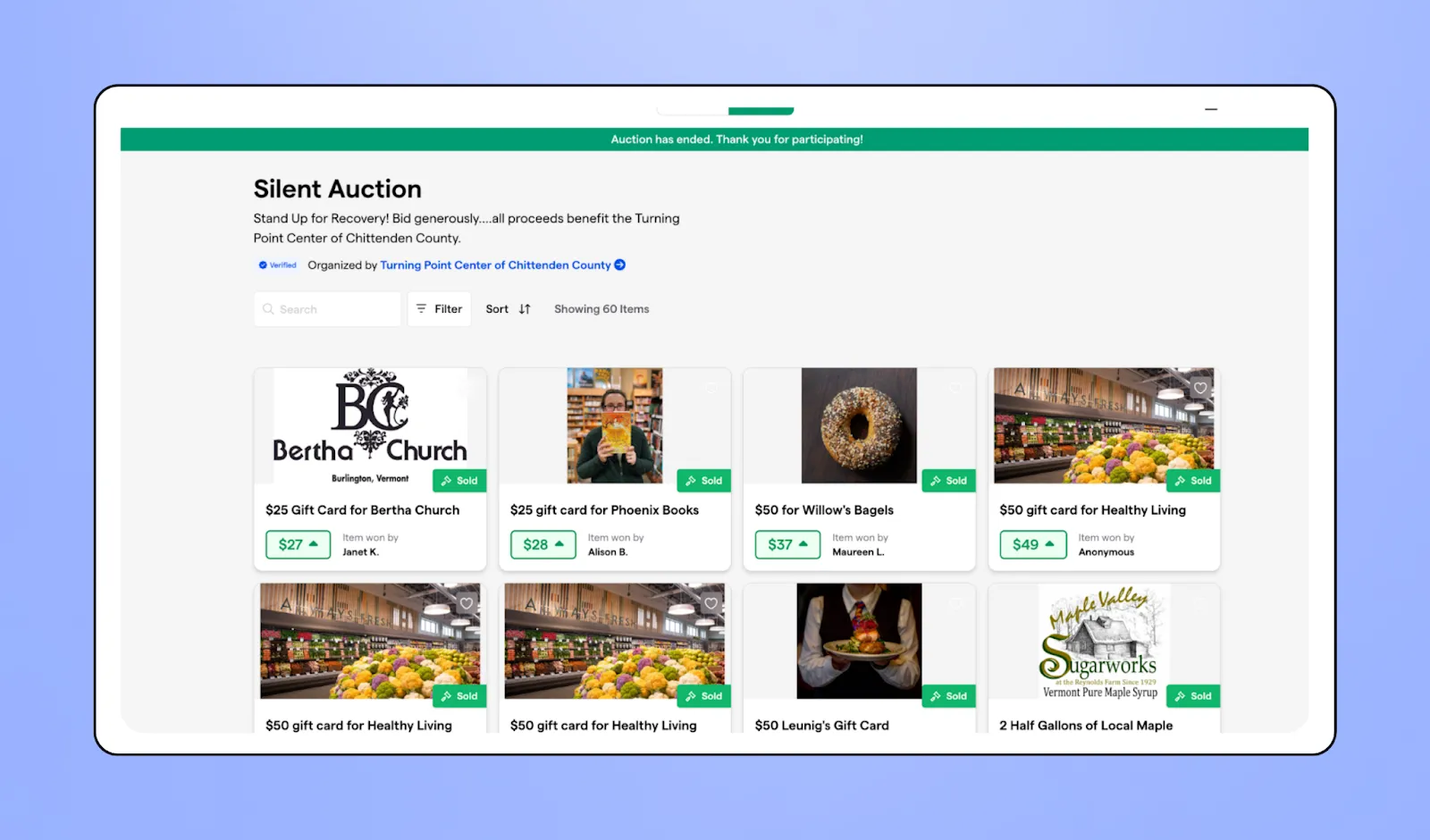 Screenshot of TPCCC's auction page on Givebutter