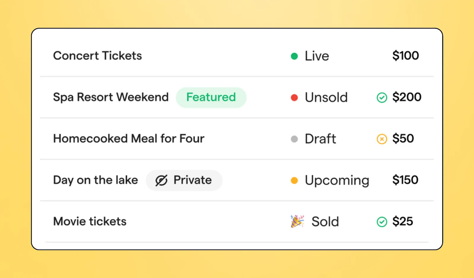 Screenshot of silent auction items list on Givebutter