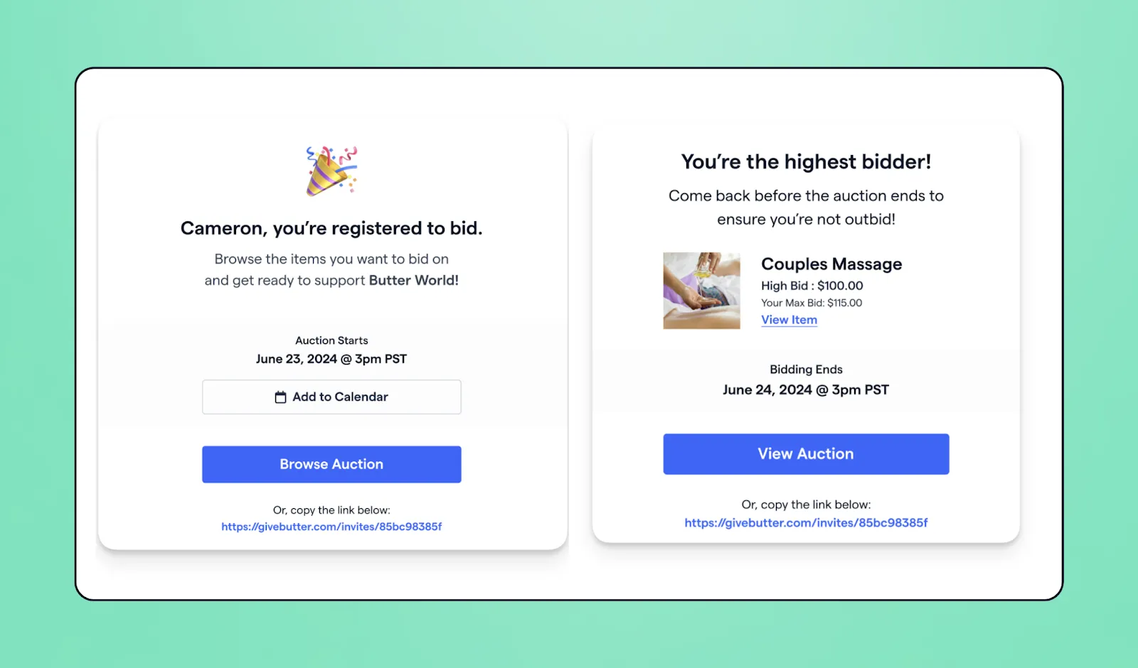 Screenshot of messages bidders receive during a virtual auction