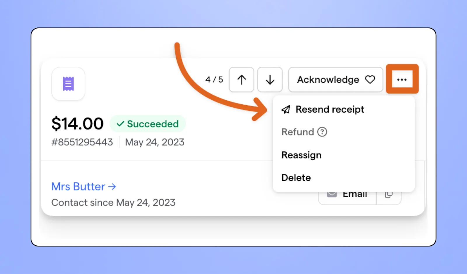 Screenshot of Givebutter's resending receipt feature
