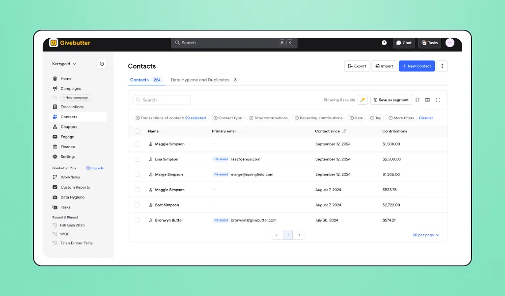 Screenshot of Givebutter's contact management interface
