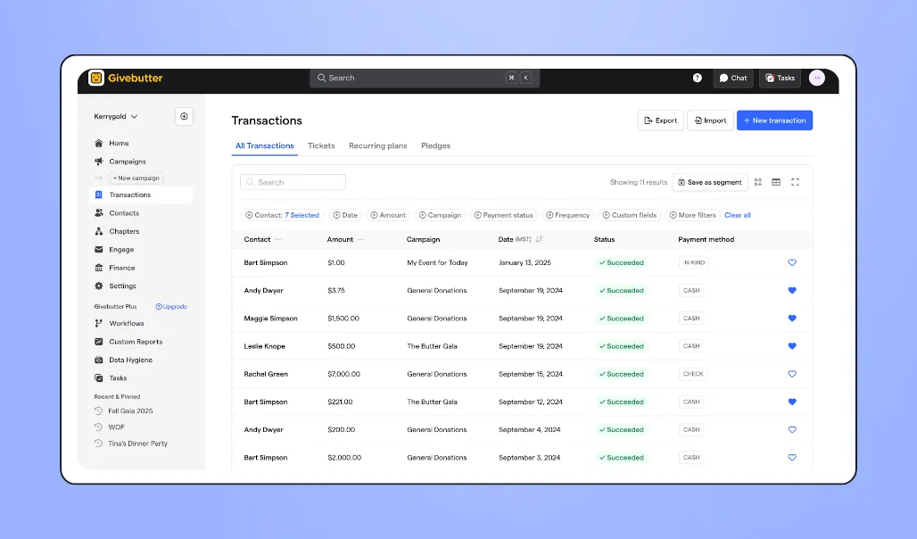 Screenshot of filter and tags on Givebutter's CRM