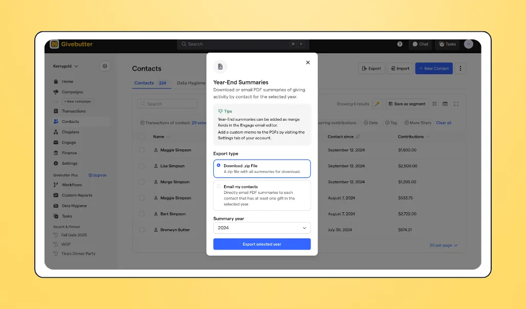 Screenshot of report exporting feature on Givebutter's CRM